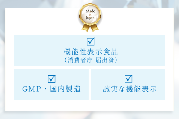 GMP認定工場・国内製造／誠実な機能表示