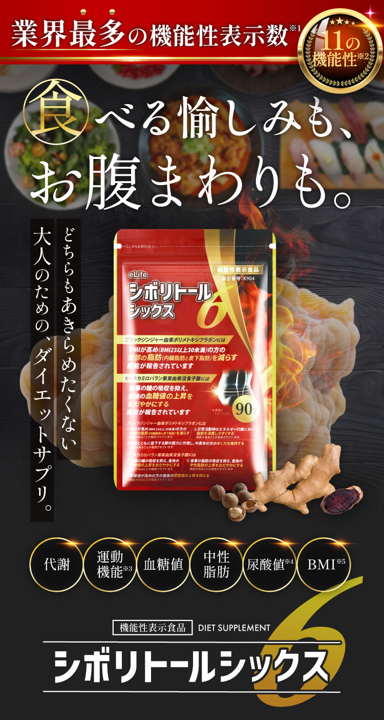 シボリトールシックス 機能性表示食品 届出番号K904。11の機能性。業界最多の機能性表示数。食べる愉しみも、お腹まわりも。どちらもあきらめたくない大人のための、ダイエットサプリ