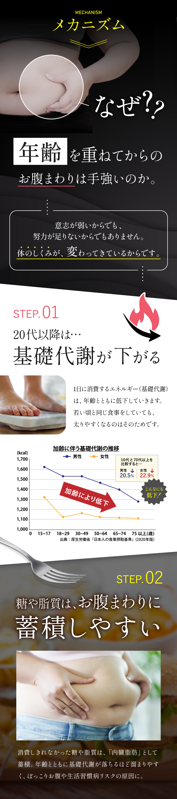 なぜ、40代からのお腹まわりは手強いのか。意志が弱いからでも努力が足りないからでもなく、体のしくみが変わってきているから。年齢とともに基礎代謝が下がる