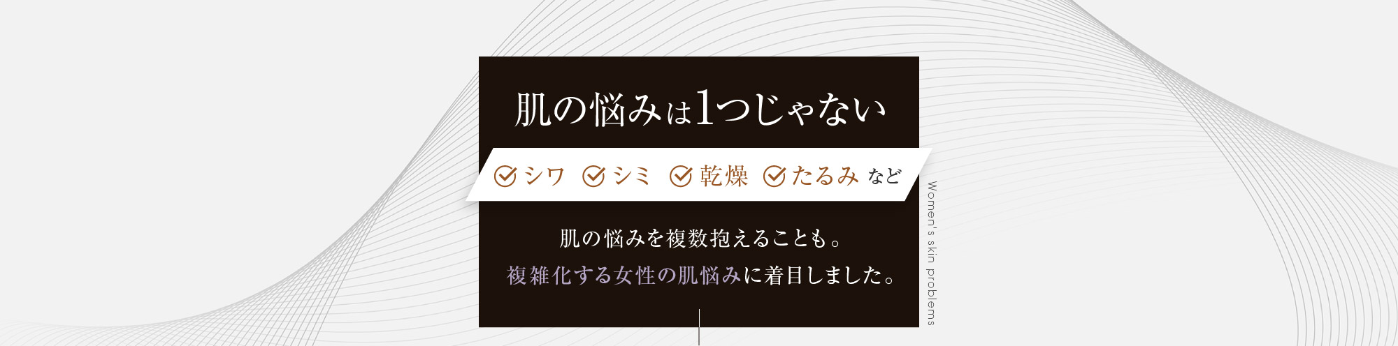 肌の悩みは1つじゃない シワ・シミ・乾燥・たるみなど 肌の悩みを複数抱えることも。複雑化する女性の肌悩みに着目しました。