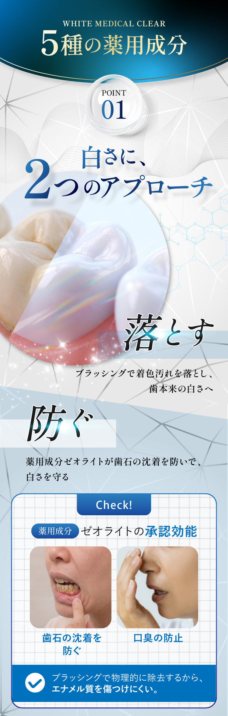 有効成分01 ゼオライト。白さに2つのアプローチ、落とす(着色汚れ)と防ぐ(歯石の沈着)。承認効能は歯石の沈着を防ぐ・口臭の防止