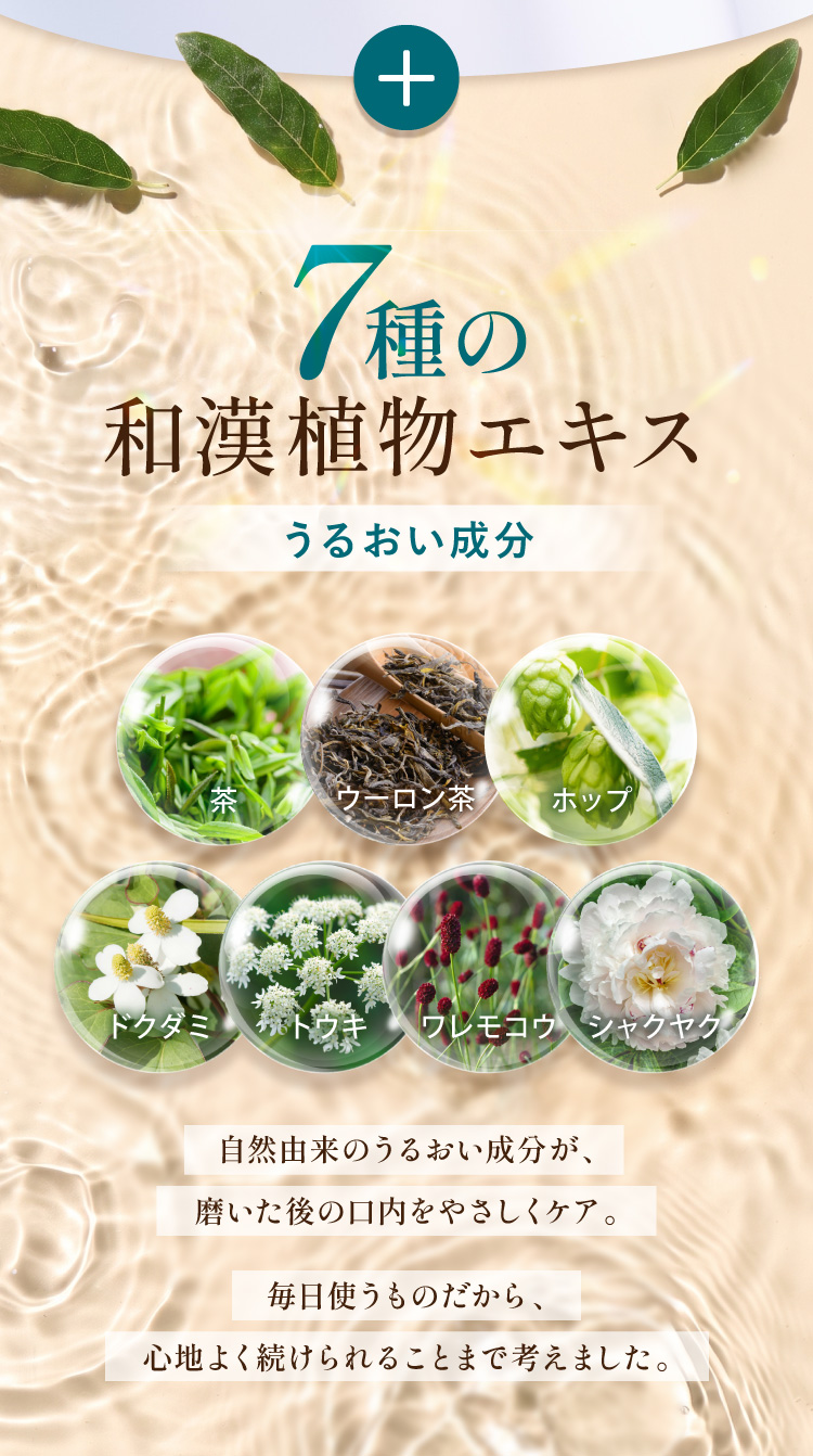 7種の和漢植物エキス配合。茶・ウーロン茶・ホップ・ドクダミ・トウキ・ワレモコウ・シャクヤク、うるおい成分