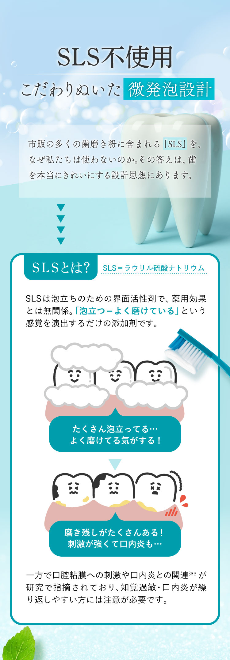 SLS不使用・こだわりぬいた微発泡設計。SLS(ラウリル硫酸ナトリウム)は薬用効果に無関係な泡立ち剤で口腔粘膜への刺激・口内炎との関連が指摘されている