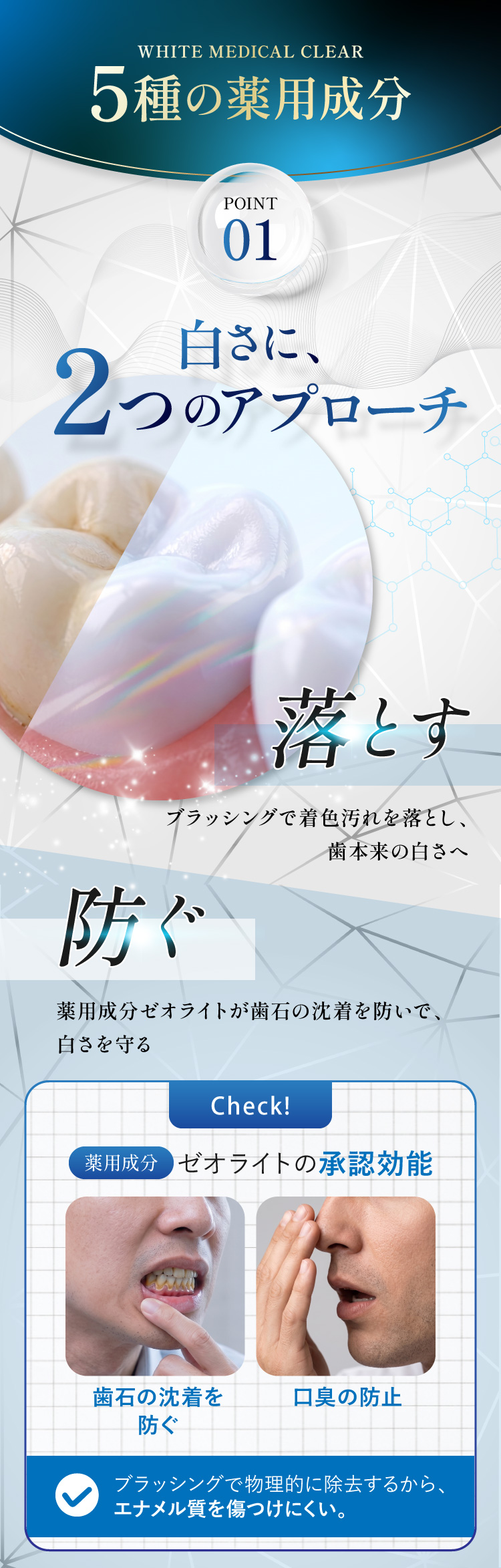 有効成分01 ゼオライト。白さに2つのアプローチ、落とす(着色汚れ)と防ぐ(歯石の沈着)。承認効能は歯石の沈着を防ぐ・口臭の防止