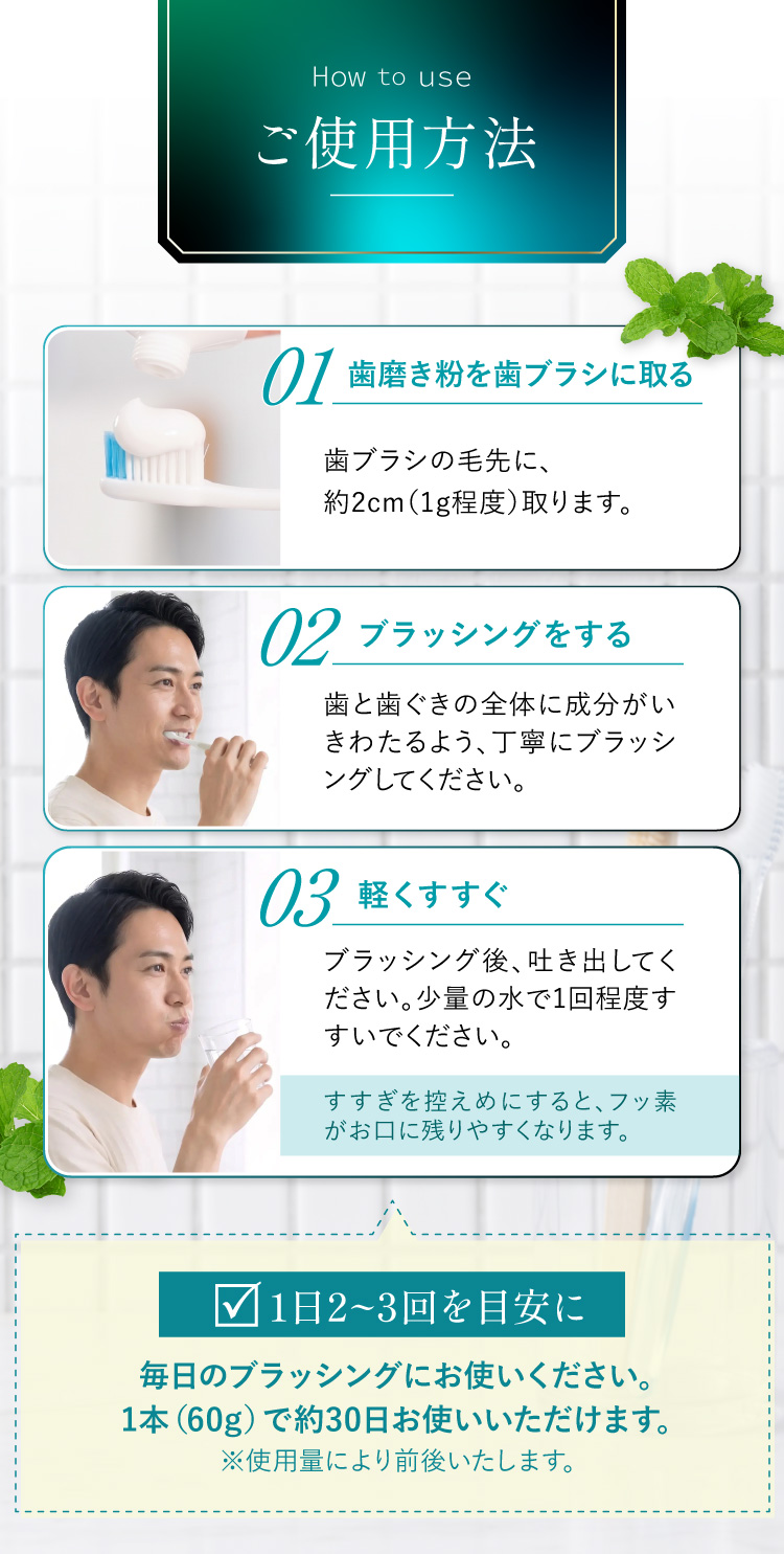 ご使用方法。01歯磨き粉を歯ブラシに取る(約2cm・1g程度)、02ブラッシングをする、03軽くすすぐ。1日2〜3回を目安に、1本60gで約30日