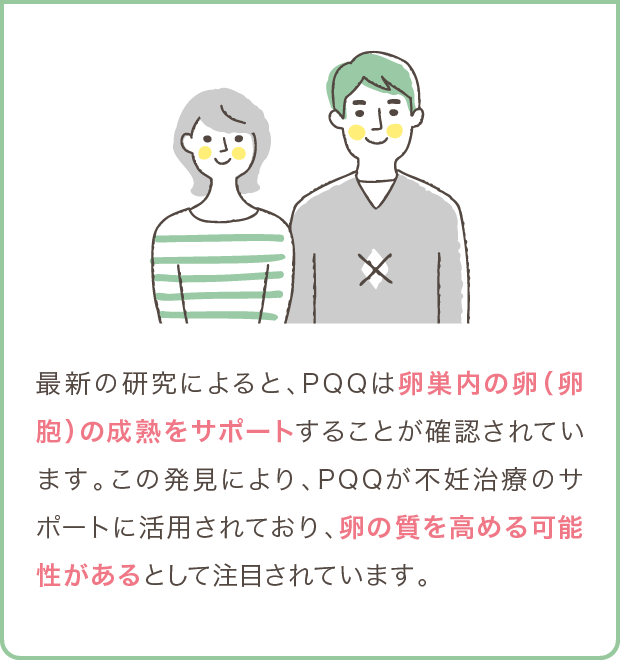 最新の研究によると、PQQは卵巣内の卵（卵胞）の成熟をサポートすることが確認されています。